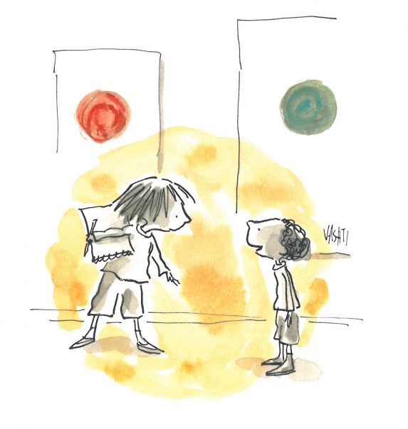 illustration of a boy and girl talking underneath of a red and green dot