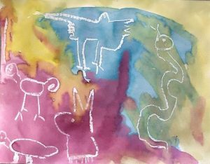 watercolor with white animal outlines of snake, dog, bird