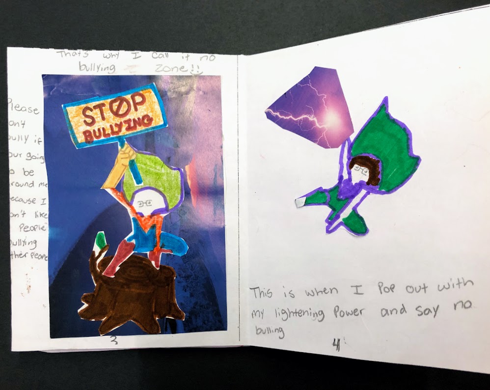 booklet with superhero holding sign "stop bullying"