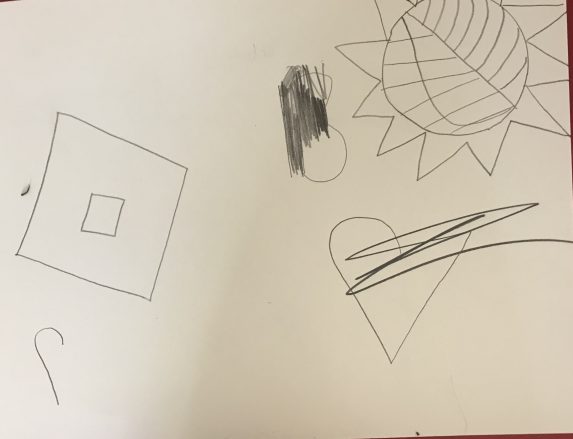 sun, square, heart drawn in pencil on white paper