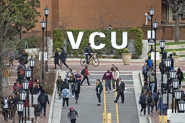 VCU Sign and Linden Street on Monroe Park campus, one of the two major campuses available to VCU students.
