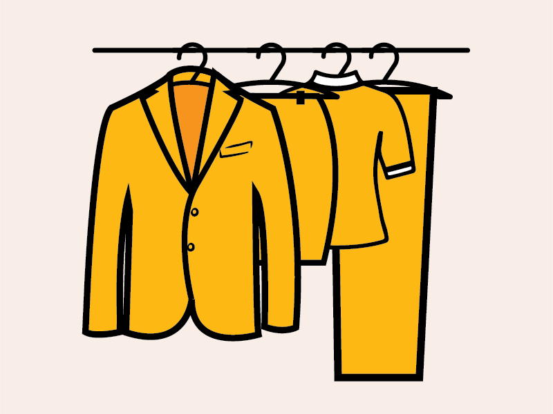 Illustration of gold jacket, skirt, shirt and pants on rack