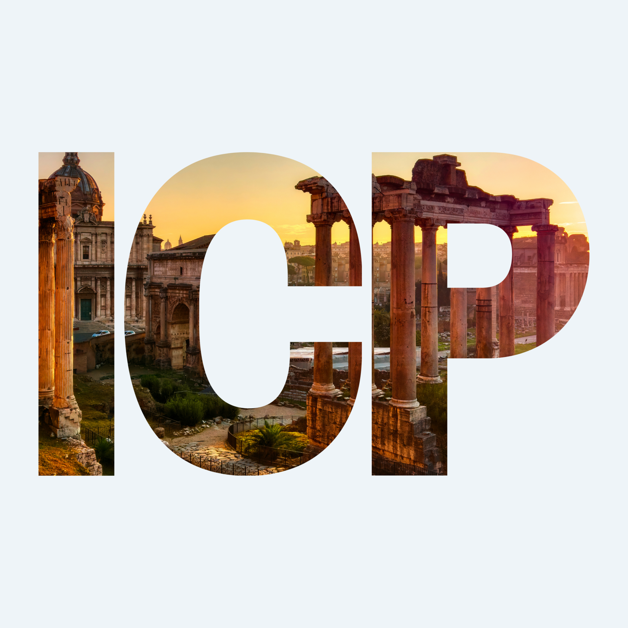 Text "ICP" filled with an image of the Roman Forum at sunset, showcasing ancient ruins and columns with a warm, golden glow. The background is a light blue, emphasizing the bold typography.