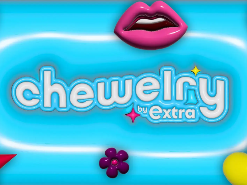 "chewelry by extra" in bubble font, blue bubbly background, and bubble graphics