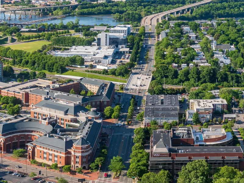 Aerial shot of Richmond, VA showing the VCU School of Business