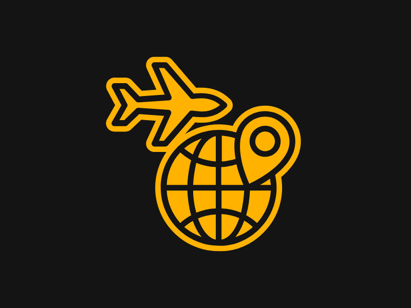 A graphic with black background and a gold airplane and globe