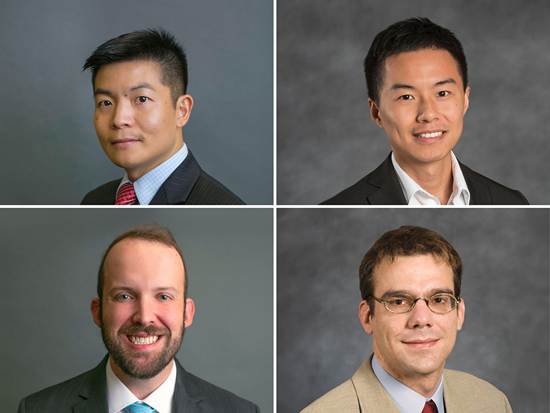 Research Excellence Fellowships have been awarded to (clockwise, from top left), Mi "Jamie" Zhou, Ph.D., associate professor, accounting; Xunyu Chen, Ph.D., assistant professor, information systems; Sven Kepes, Ph.D., professor, management and entrepreneurship; and Blakely Davis, Ph.D., associate professor, management and entrepreneurship.