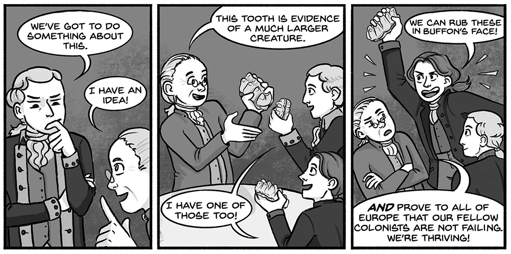 Three panels from page six of Founding Monsters, showing several Founding Fathers comparing their fossil teeth. Dialogue typed out at bottom of page.