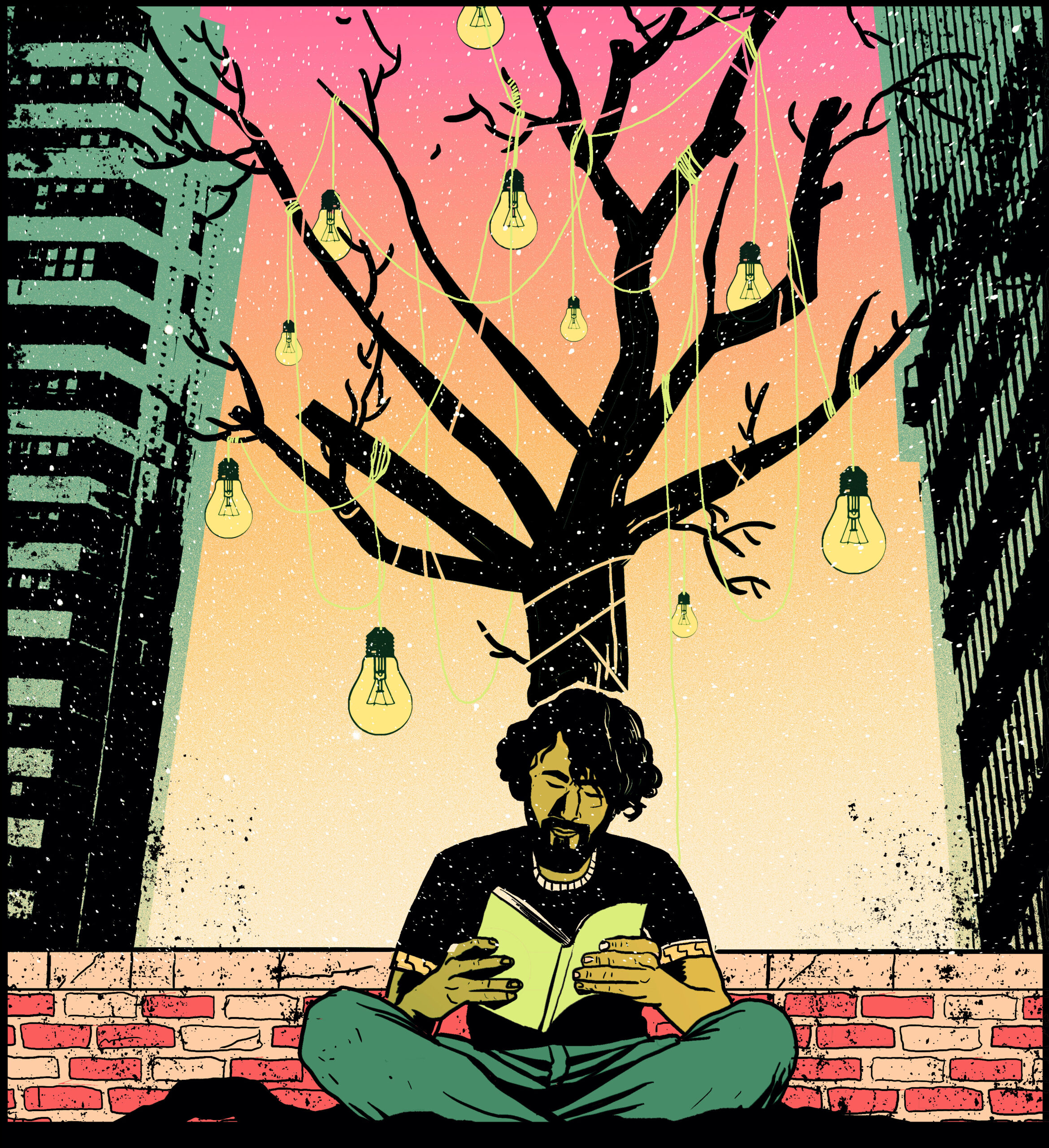 A shaggy-haired man in blue jeans reads a book beneath a tree filled with light bulbs.