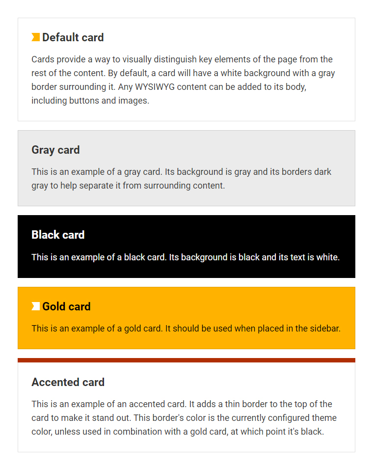 An example of default, gray, black, gold, and accented Compass card components