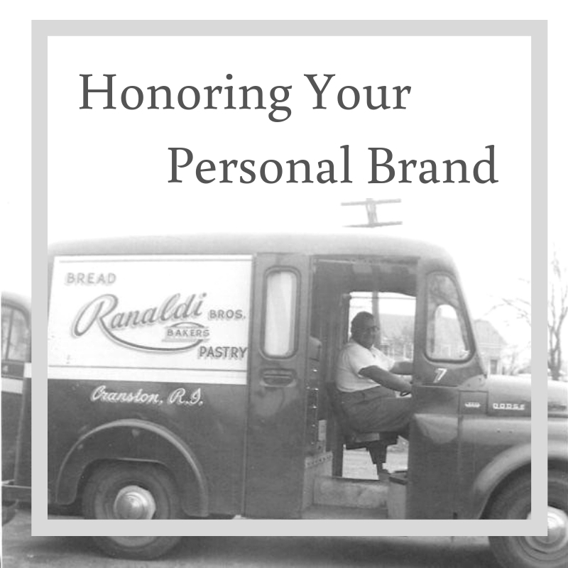 A vintage black-and-white picture of the Ranaldi Brothers' bakery delivery van and the words "Honoring your personal brand." above the van.