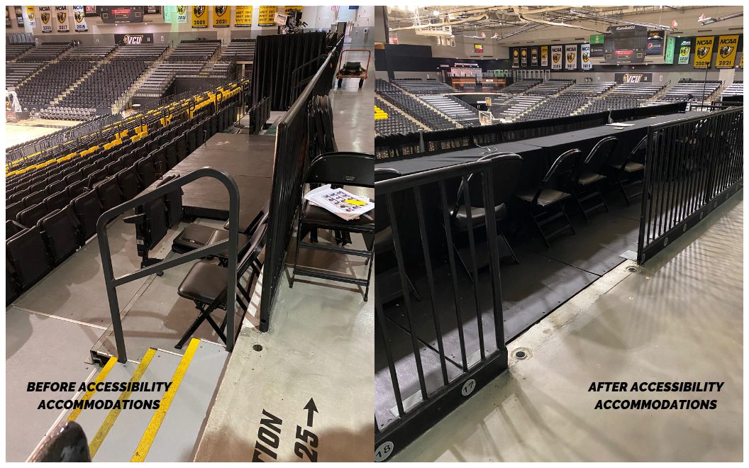 Before and after photos of a basketball stadium. In the before photo, the commentary table is inaccessible without walking up three steps. In the after photo, the area has been moved and accommodations made for the area to be accessible.