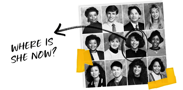 The text "Where is she now?" next to a black and white photo of a yearbook.