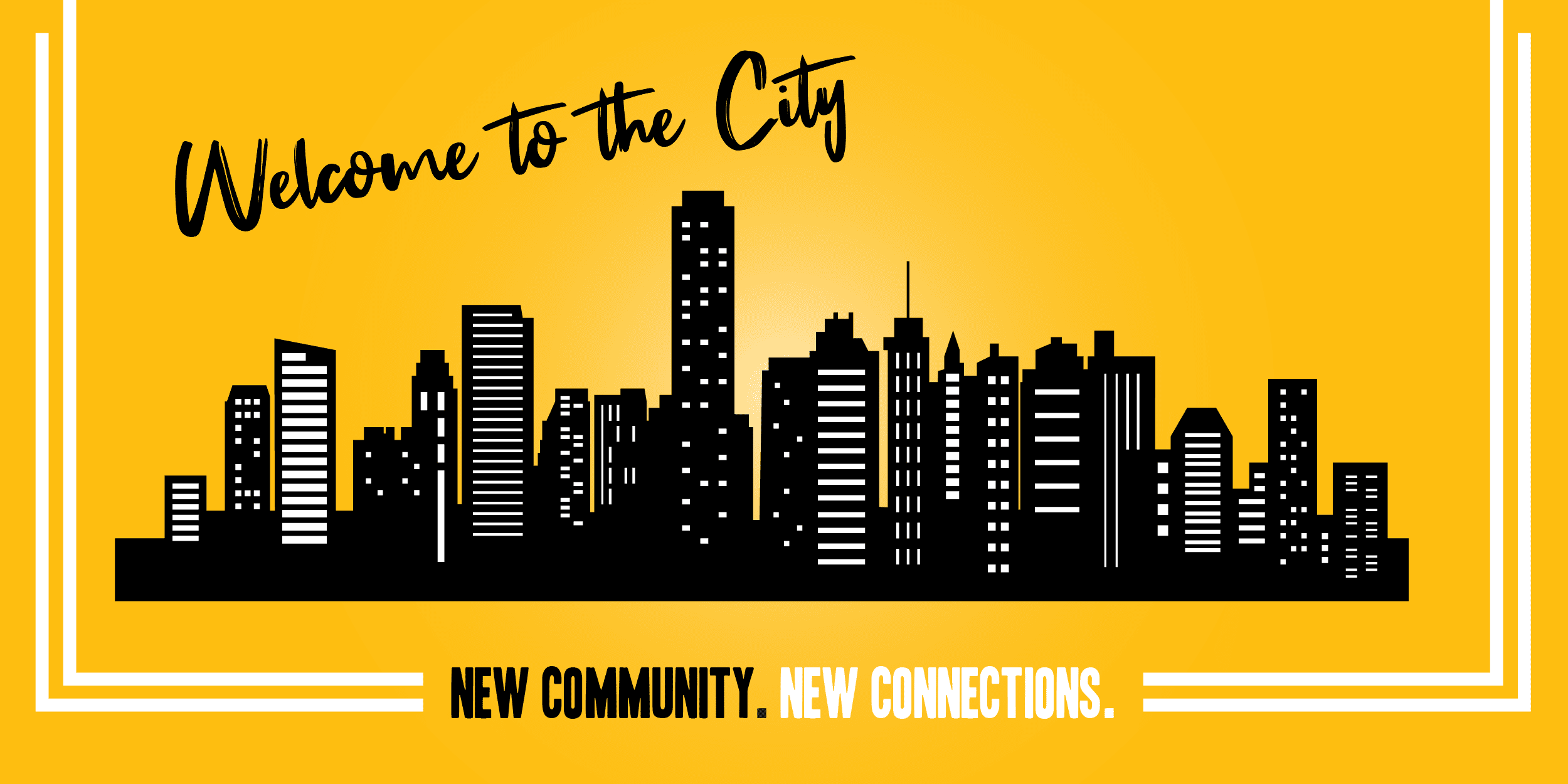 A graphic for Welcome to the City invites alumni to find new connections in their communities.