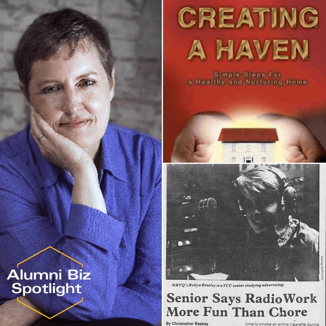 Left: Robyn Bentley
Top right: The book cover for "Creating a Haven."
Bottom right: A newspaper clipping with the headline "Senior says radio work more fun than chore."