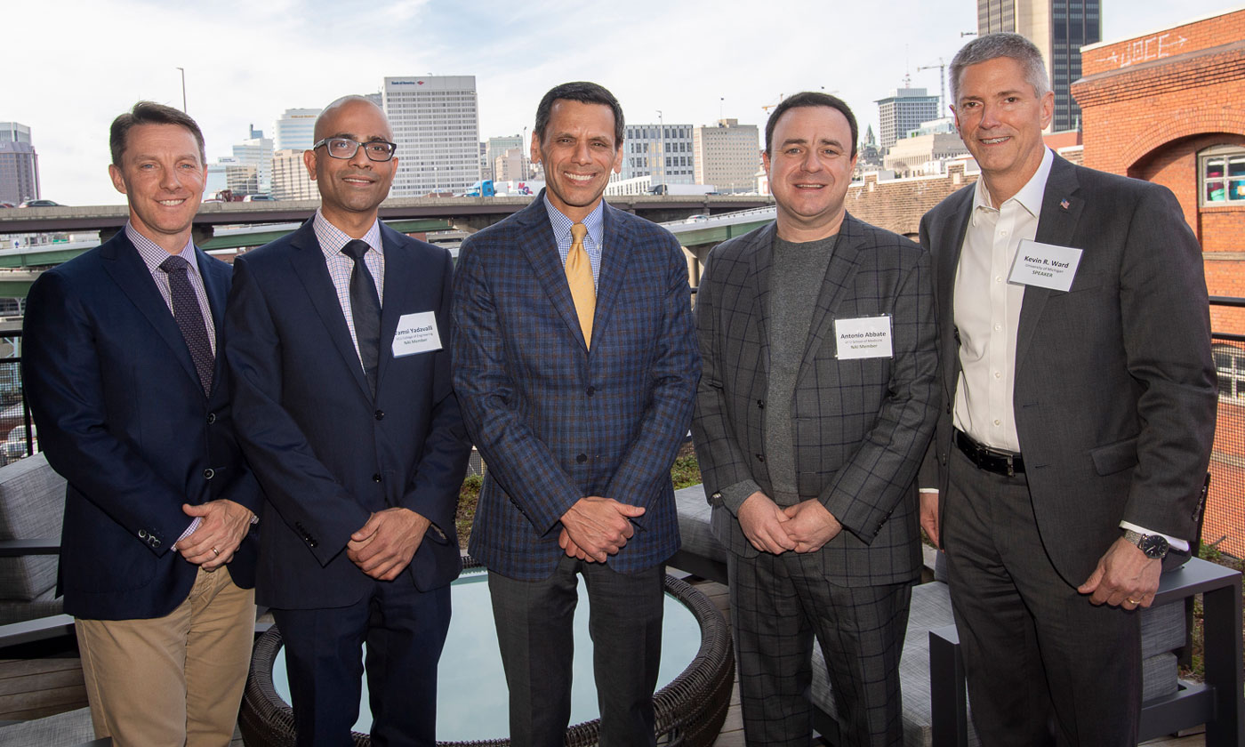 NAI inductees Jason Carlyon (far left), Vamsi Yadavalli and Antonio Abbate (second from right), with VCU President Michael Rao (middle) and keynote speaker Kevin Ward (far right).