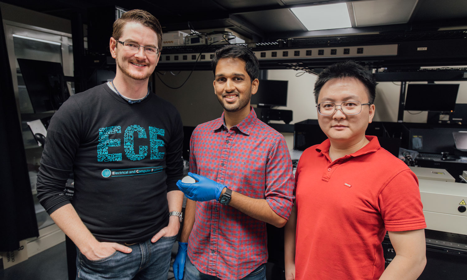 Nathaniel Kinsey, Ph.D., ECE professor, Dhruv Fomra, Ph.D., post doctoral researcher with the National Institute of Standards and Technology and Jingwei Wu, Ph.D., ECE research scientist.