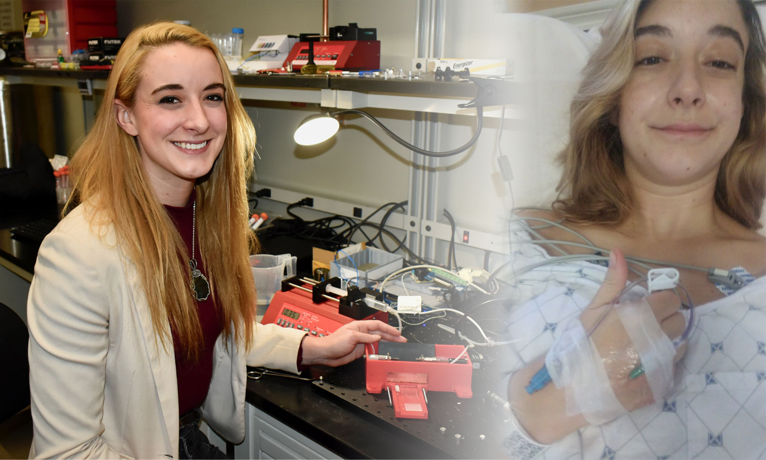 From left: Department of Mechanical and Nuclear Engineering doctoral student Sarah Saunders in VCU’s Engineered Tissue Multiscale Mechanics and Modeling (ETM³) Laboratory (photo by Noreen O’Brien,); Saunders at Georgetown University Hospital in October (photo courtesy of Sarah Saunders).