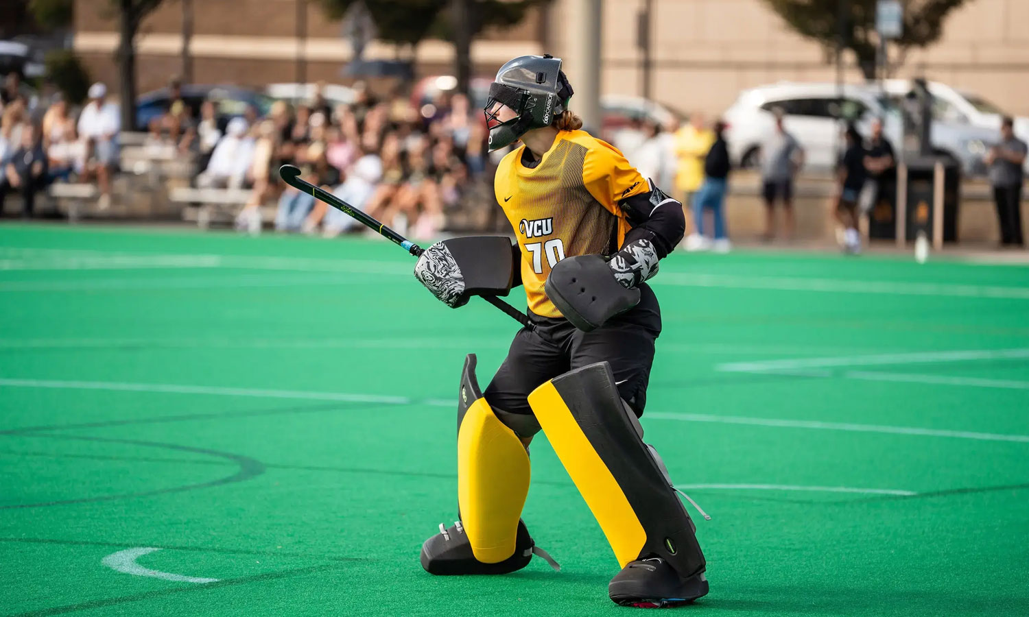 Third-year biomedical engineering major Emma Clements has put up impressive numbers as starting goaltender for the VCU field hockey team. (VCU Athletics)
