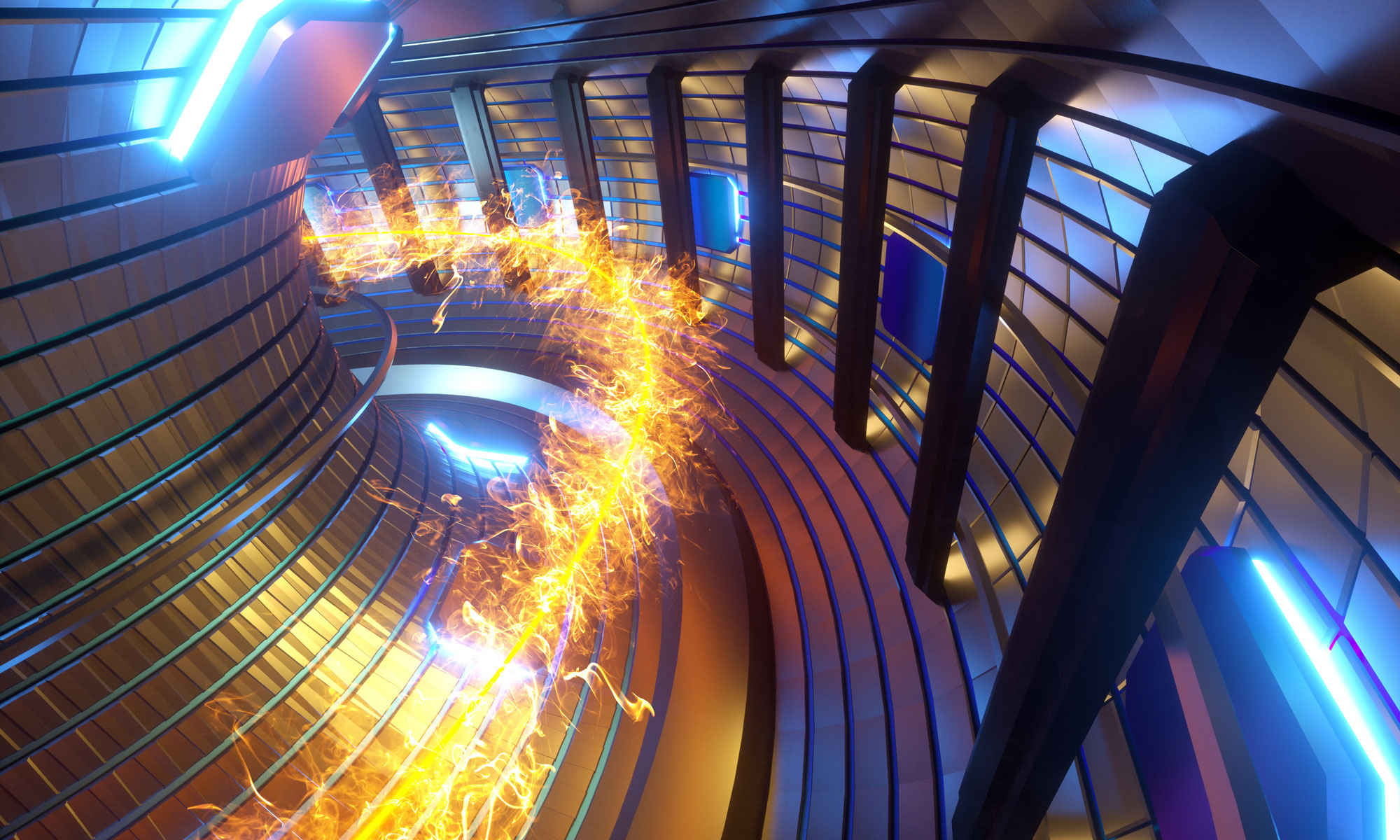 Rendering of a Tokamak fusion system where heated plasma in a toroidal shape is used to generate energy.