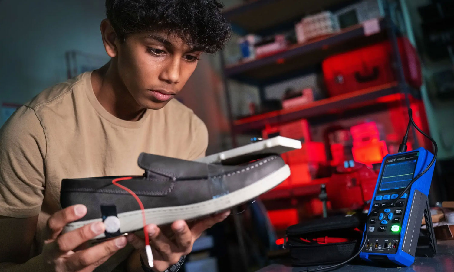 Middle school student Advaith Atulasimha and his father, engineering professor Jayasimha Atulasimha, Ph.D., have invented a shoe that generates electricity as its wearer walks.