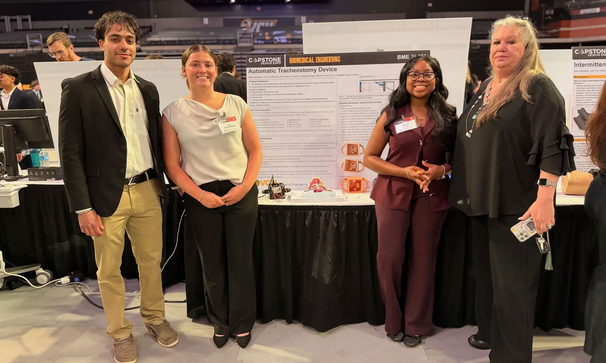 From left, Taj Sangha, Lily Hardy-McGurty and Abi Maina created an automatic tracheostomy prototype based on Kathy Crockett’s (right) patent.