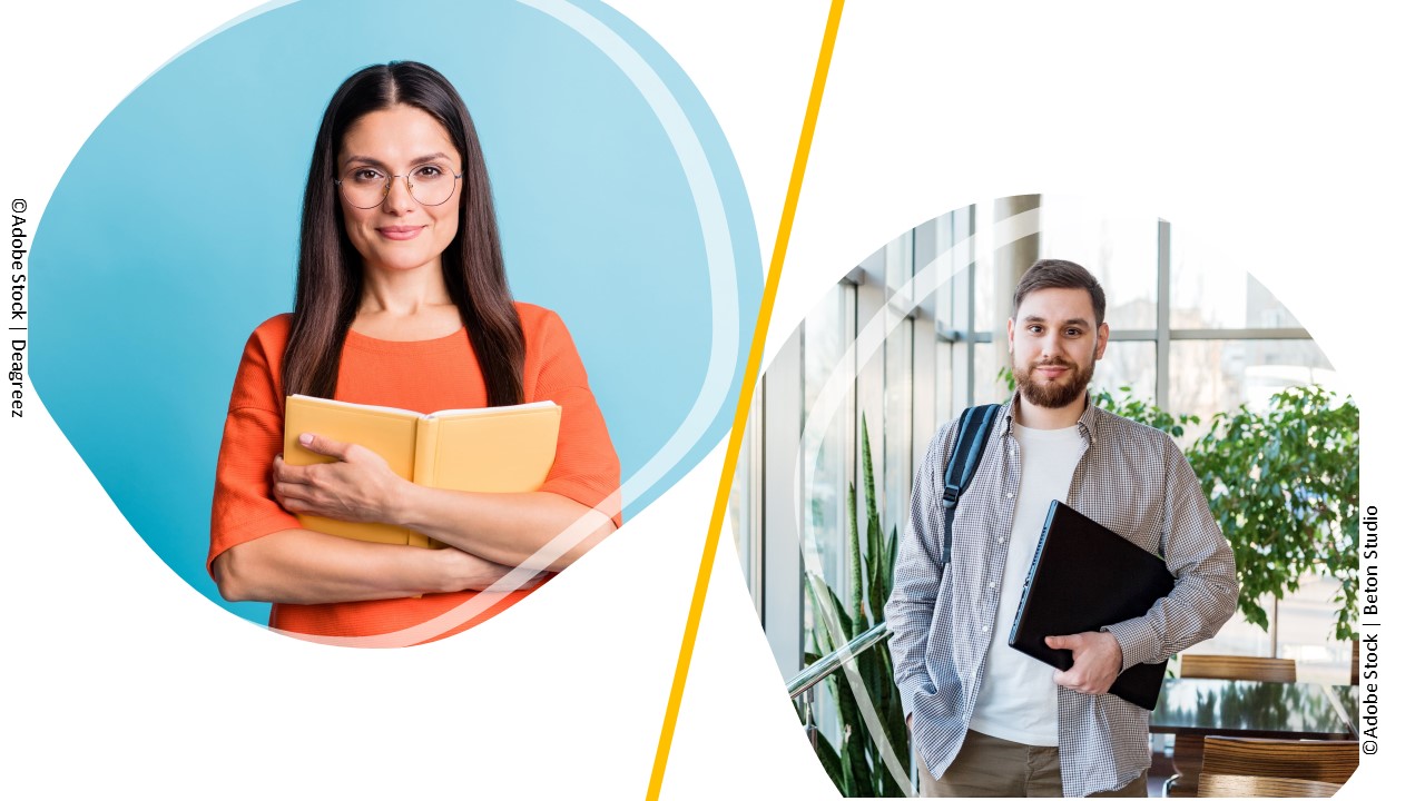 Meredith, a woman with long brown hair and glasses, holds a book and smiles at the viewer. On the other side of the screen, Carl - a young man with brown hair and a beard, holds a laptop and smiles at the viewer.
