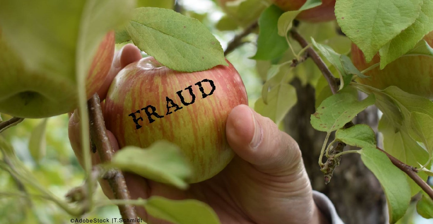 A hand picks a ripe apple from a tree. The word "FRAUD" is written on the apple.