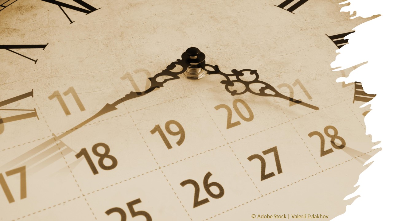 An image that is half clock and half calendar, in old parchment paper, suggesting the passing of time.