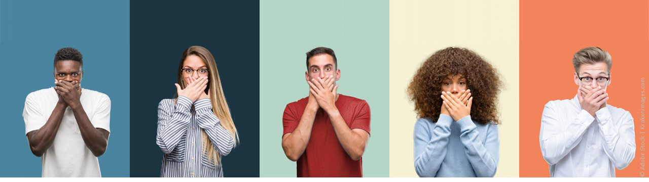 Five people are standing in a row, each facing the viewer and each covering their mouth with both hands.