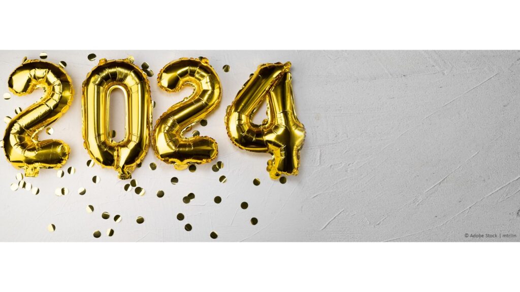 Golden balloons spell out the year 2024.