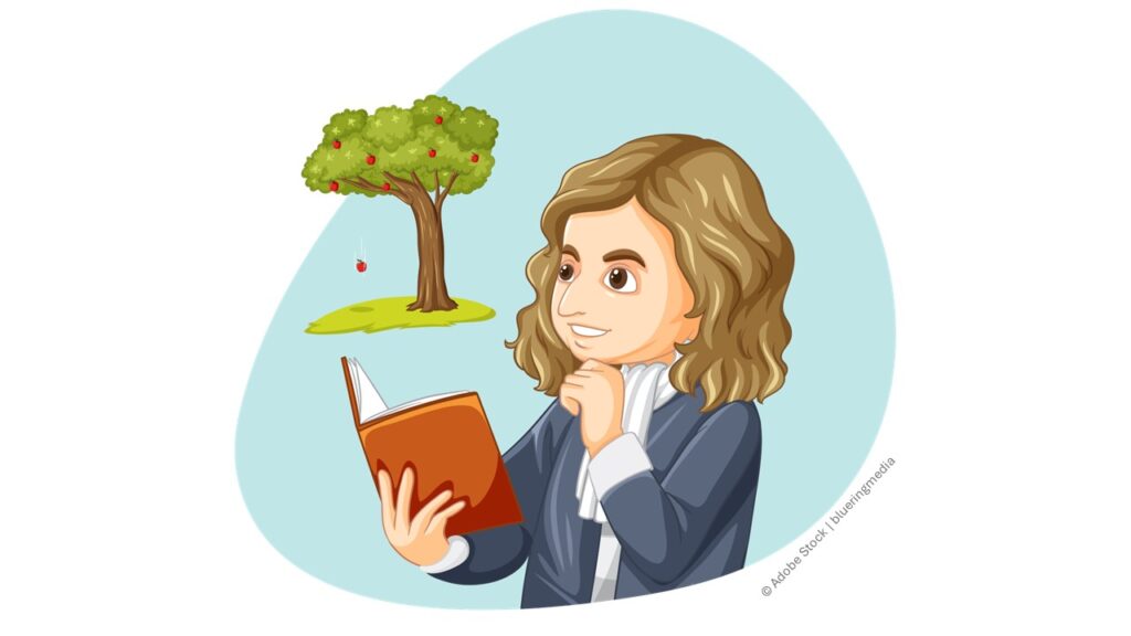 Sir Isaac Newton holds a book and scratches his chin while watching an apple fall from a tree.