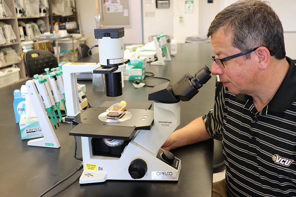 Side profile of Fernando Tenjo-Fernandez looking into a microscope. Under the microscope is a container filled with amber liquid. He's sitting in a lab with equipment in the background.