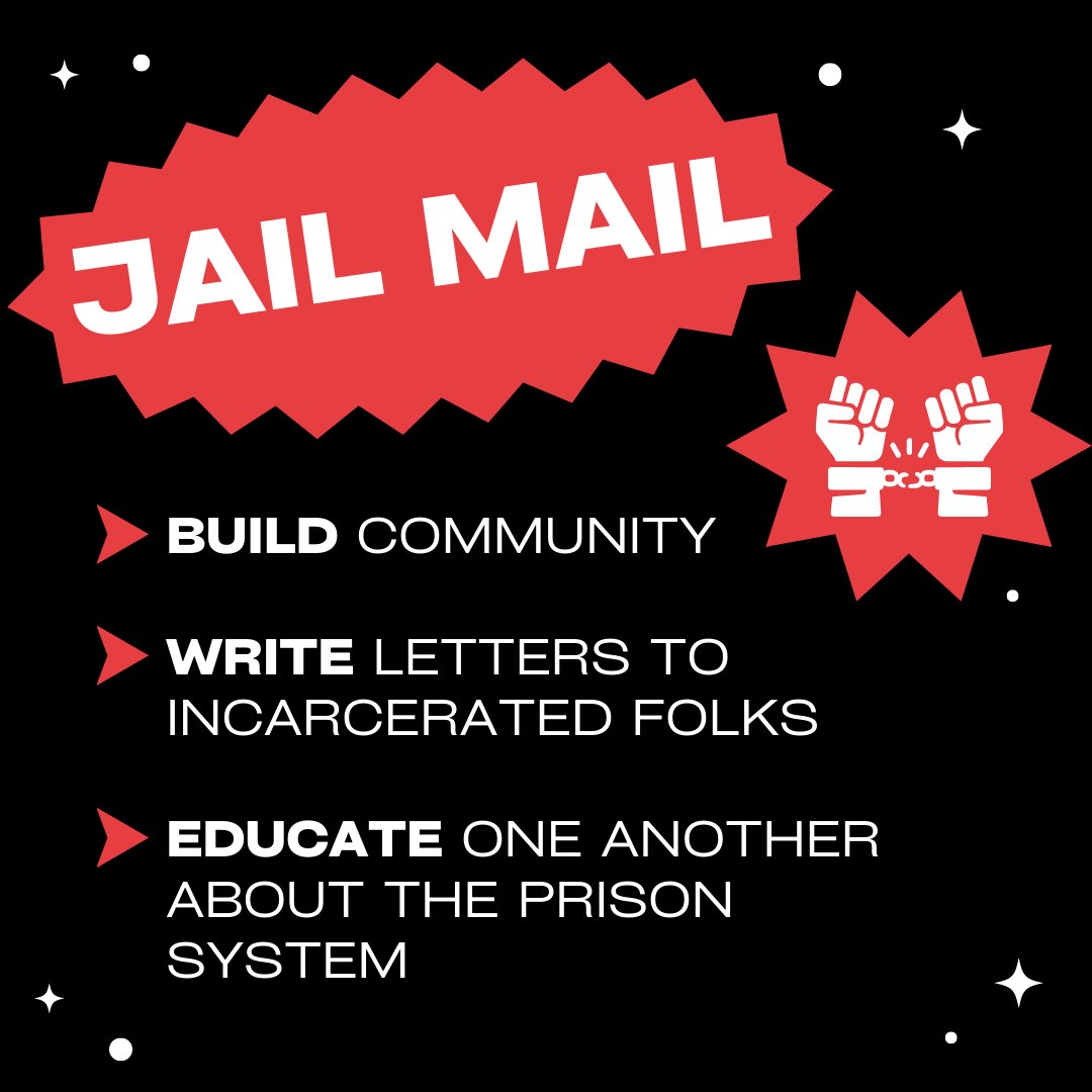 Black and red graphic with an illustration of two fists breaking apart the chains on a pair of handcuffs. Text reads, "Jail Mail. Build comunity, write letters to incarcerated folks, educate one another about the prison system."