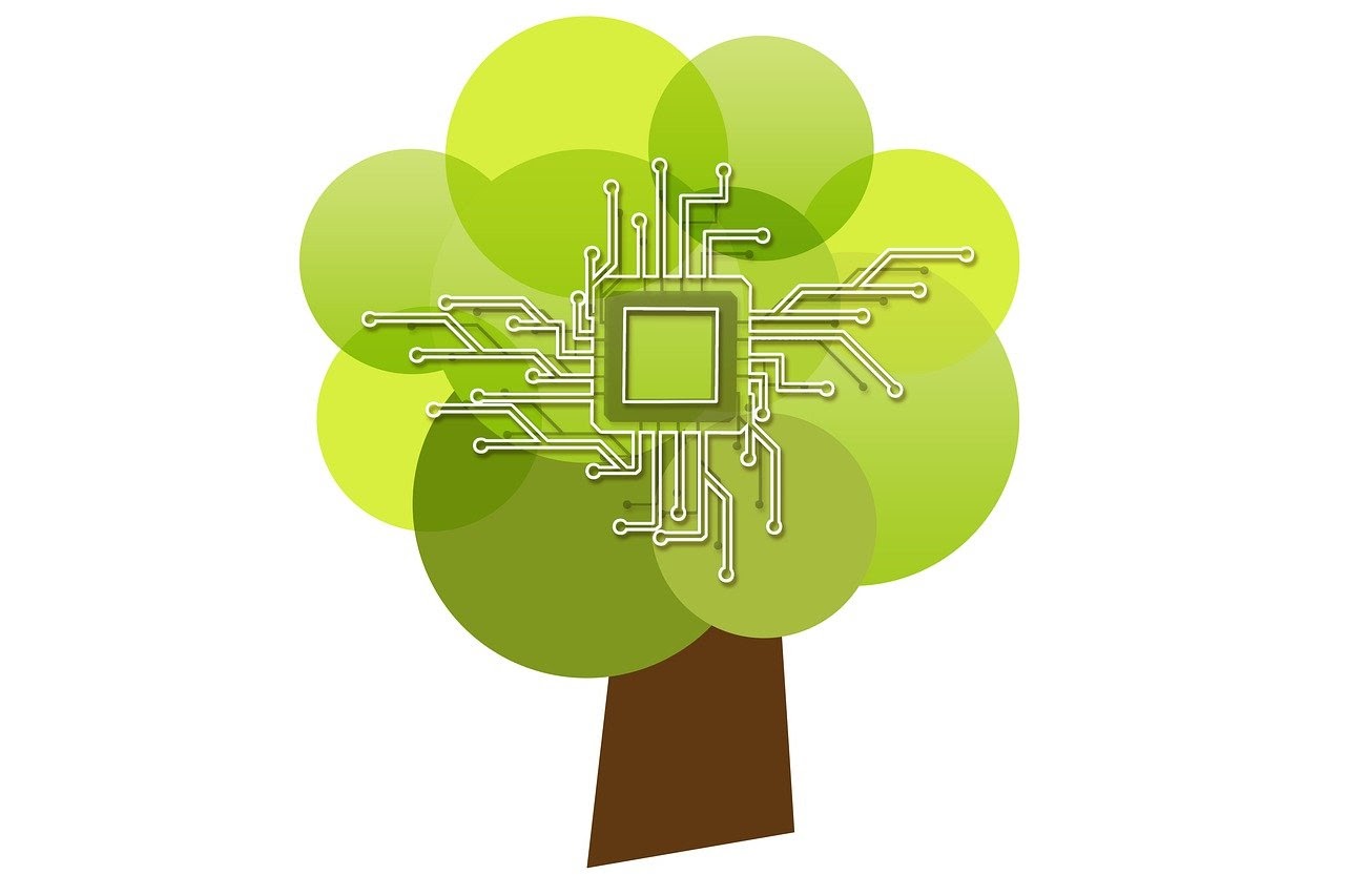 Illustration of a green tree with computer circuitry in the branches.
