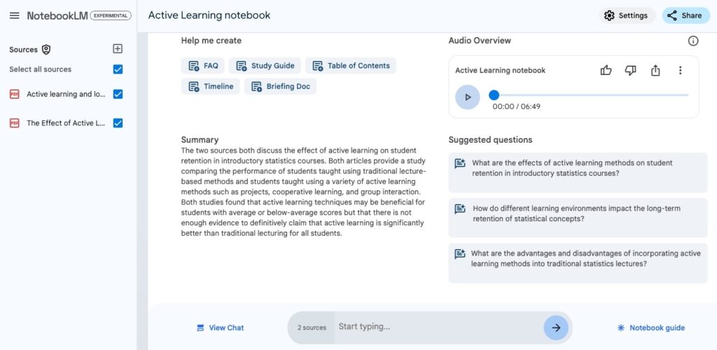 A notebook LM titled "Active Learning" The display includes a podcast titled "Active Learning Notebook" The Help me create section offers the following options: FAQ, Study Guide, Table of Contents, Timeline, Briefing Doc.
