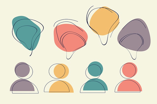 Abstract icons of people with colorful speech bubbles, symbolizing peer feedback and collaboration in Peerceptiv.