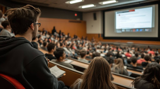 Photograph of a large, crowded lecture hall of college students looking at a projector screen.