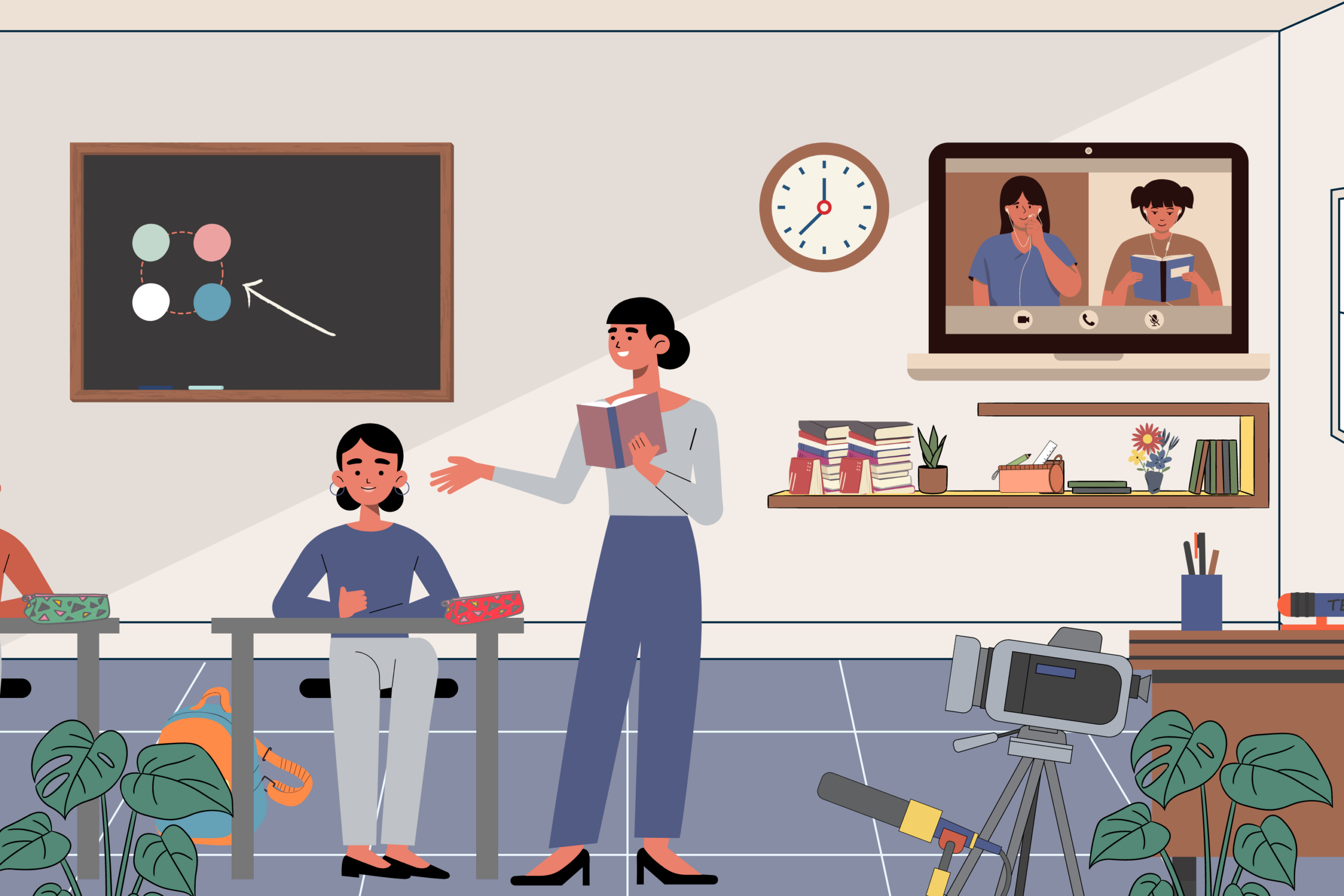 Cartoon images of hybrid classroom. Students in class and on the screen behind instructor.