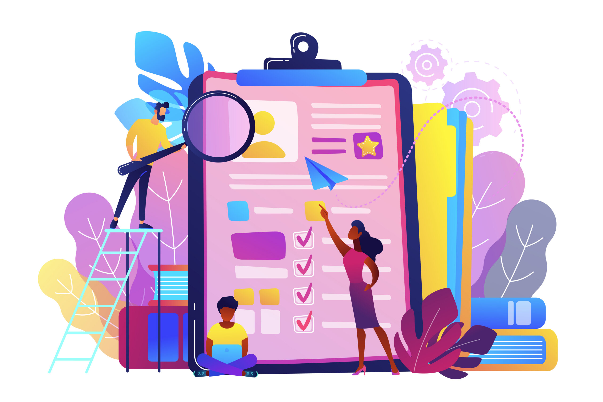 Team, looking at curriculum board. Violet palette. Vector illustration on white background.