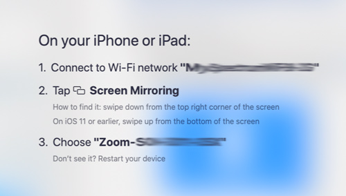 An image of  iPhone or iPad instructions for screen mirroring to a zoom meeting.