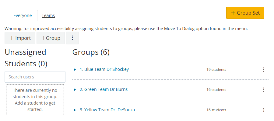 View of groups from the instructor view in Canvas.