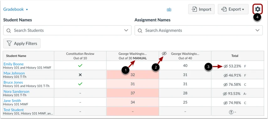 An image of the Canvas gradebook indicating a manual grade posting policy.