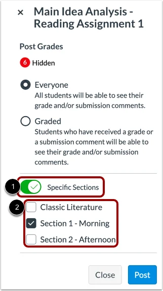 The posting grades menu options.