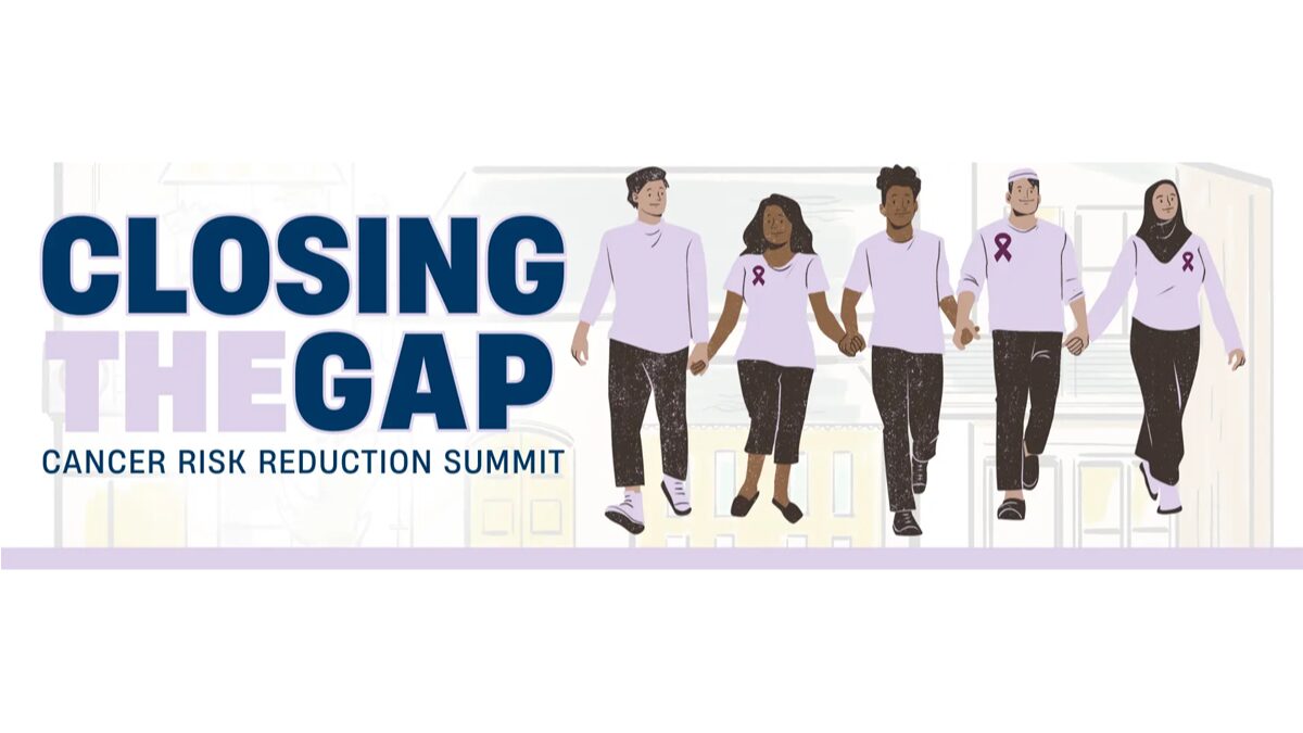 Illustration of several people holding hands. Text reads: Closing the Gap Cancer Risk Reduction Summit