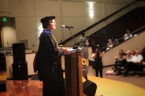 Lucinda Maine, CEO of the American Association of Colleges of Pharmacy, speaks to the Class of 2018.