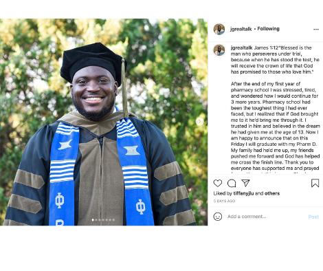 In an Instagram post, student Jewlyus Grigsby poses in his cap and gown.