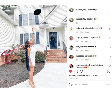 In an Instagram post, student Taylor Reynolds tosses her mortarboard in the air. 