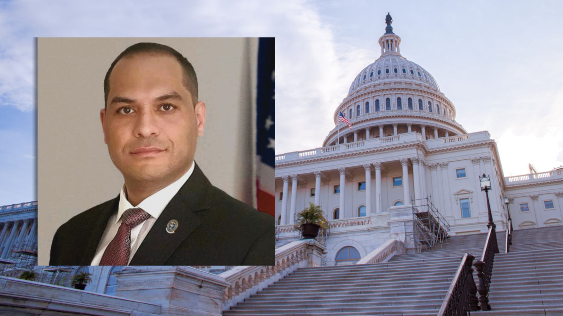 Wasem Gawish portrait in front of an image of the U S Capitol steps. 