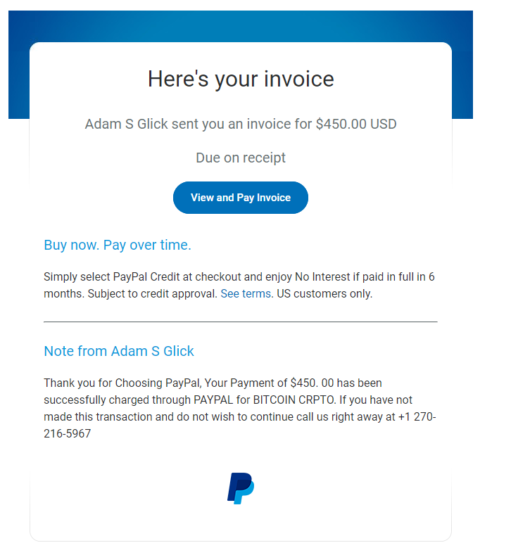 This is a picture of a paypal invoice email that has a button that says 'View and Pay Invoice'.